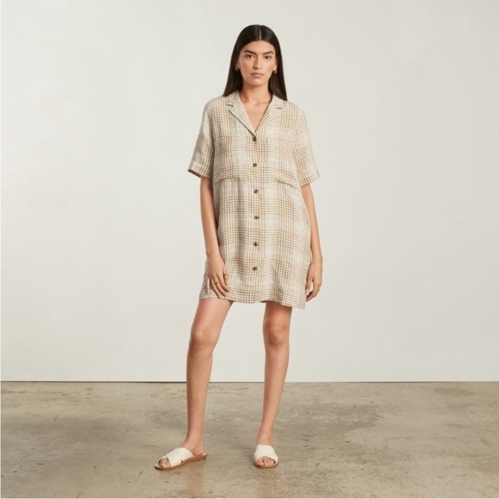 Everlane Women’s Short Sleeve Linen Mini Shirt Dress Tan Beige Plaid Size XS